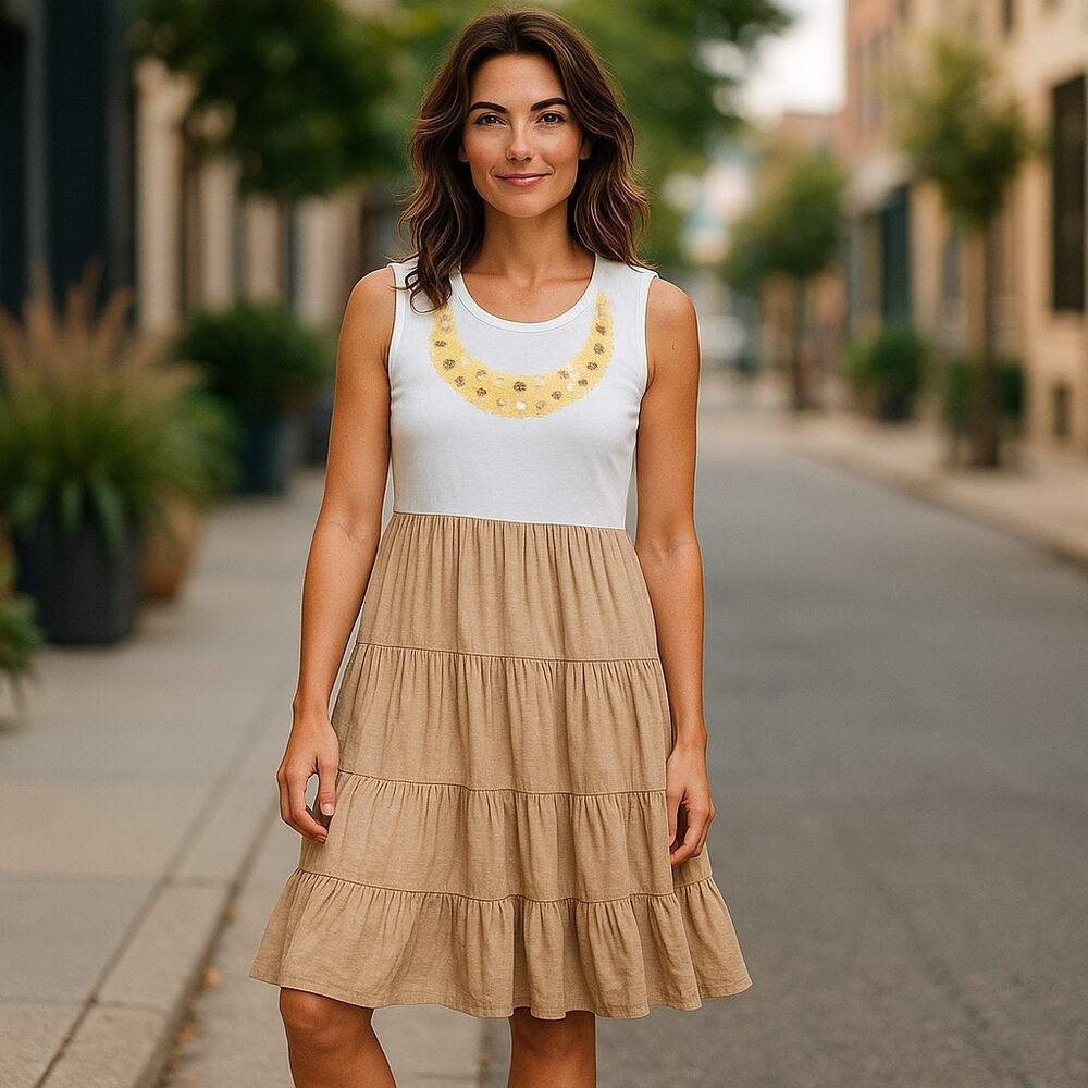 Young Fabulous and Broke Womens Dress Small Jeweled Neck Sleeveless Tiered Beige